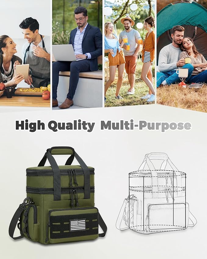 Tactical Lunch Bag & Lunch Box for Men - Large Double Deck Expandable Insulated Soft Adult Lunchbox for Work - Cooler Bag for Beach, Picnic, Camping,Outdoor，Travel (Green,16L)