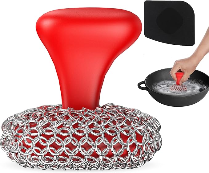 Cast Iron Scrubber | Dish Scrub Brush | 316 Cast Iron Cleaner Chainmail Scrubber for Pan Skillet Cleaner - Dish Scouring Pad Dishwasher Safe Cleaning Kit, Red