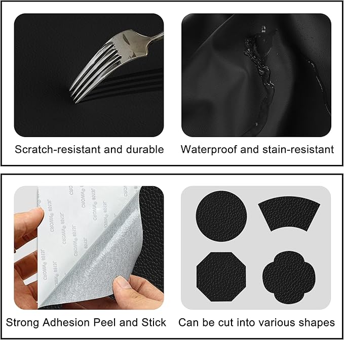 Self Adhesive Leather Repair Patch,8x12 inch Vinyl Repair Kit,Leather Repair Kit for Furniture,Car Seat,Couch,Office Chair,2 Pcs Black