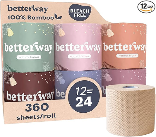 Betterway Unbleached Bamboo Toilet Paper Rolls - Eco-Friendly 3 Ply Toilet Tissue - 12 Long-Lasting Rolls - 360 Sheets/Roll - Organic, FSC Certified, Septic Safe TP - Lint-Free, PFAS-Free Bath Tissue