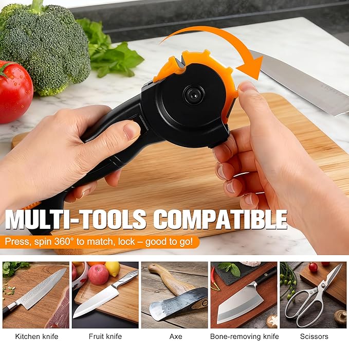 6-in-1 Garden Tool & Kitchen Knife Sharpener with Ceramic, Professional Knives Sharpener for Sharpens & Polishes Blades, Lawn Mower Blades, Axe, & Scissors Sharpening Tool with Non-Slip Grip