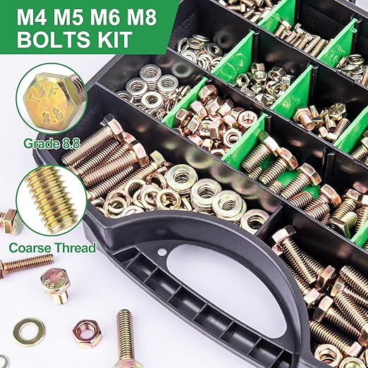 FOLIV 907pcs Grade 8.8 Metric Bolt Assortment, M4 M5 M6 M8 Heavy Duty Bolts and Nuts Kit, Yellow Zinc Plated, Length from 12-30mm