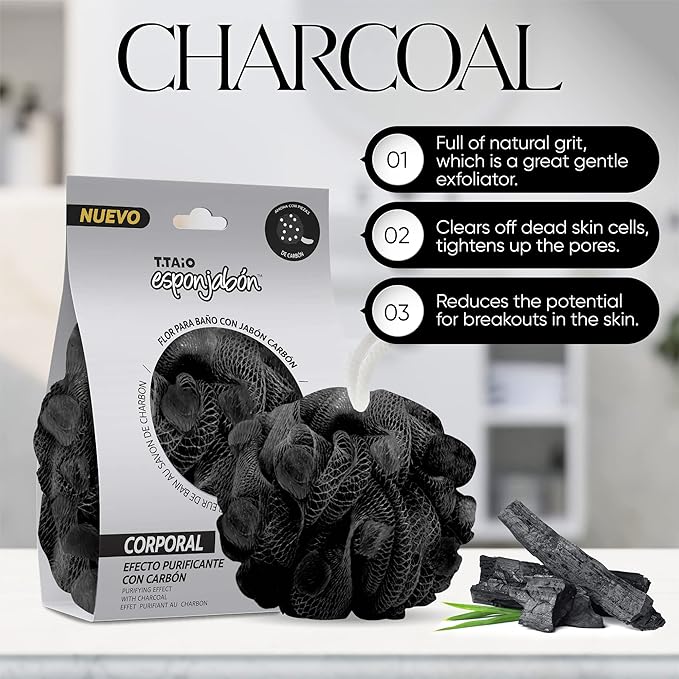 T.Taio Esponjabon Shower Bath Puff Soap Sponge- Loofah Luffa Loufa Body Wash Ball - Mesh Pouf Scrubber for Full Cleanse Lather Skin Care - Essential Beauty Bathroom Accessories - Charcoal Scent