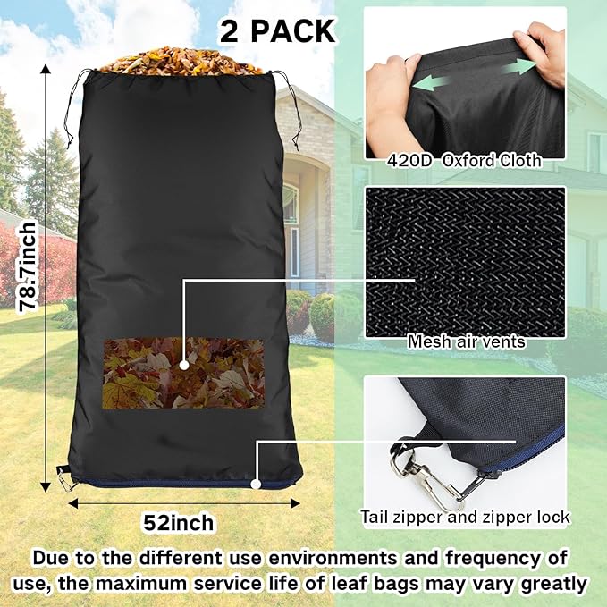 Patelai 2 Pcs 2025 New Lawn Tractor Leaf Bag 420d Grass Catcher Bag for Riding Lawn Mower, 78.7 x 52 Inch Large Capacity Grass Catcher for Leaf Collection Heavy Duty Material Collection(Black)