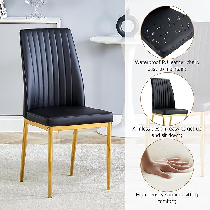 62" Marble Dining Room Table Set for 6 Rectangle Modern Dinner Table with Sintered Stone Top Golden Metal Legs Kitchen Table Chair Set for Dining Room (62" Golden+6Black Chairs)
