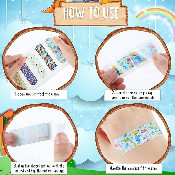 Patelai 300 Pieces Kids Bandages Bulk 10 Styles Children's Adhesive Flexible Colorful Cute Cartoon Bandages Waterproof Breathable Stickers Protection Care Cuts for Girls Boys(Dinosaur)