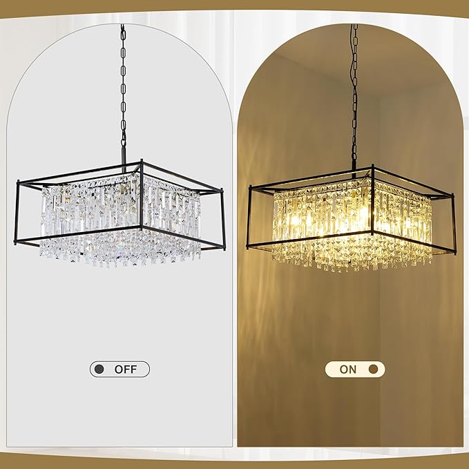 Black Chandeliers for Dining Room, Black Square Lndustrial Chandelier Crystal Pendant Light for Kitchen Island Dining Room Living Room Flat and Inclined Ceiling,L24 x W24 x H17.5