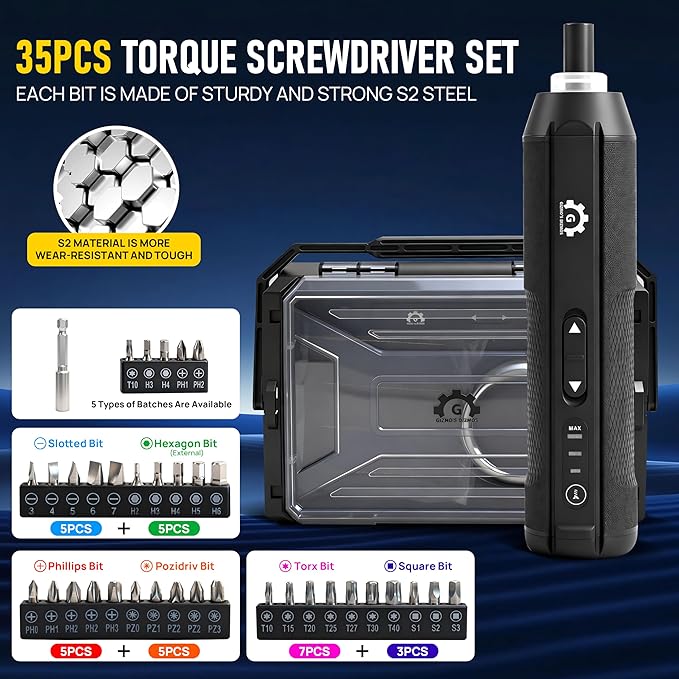 Electric Torque Screwdriver Set 4V with 3 Torque Settings 5.5Nm Max Electric and 8.5 Manual Torque LED Light, 2000mAh Battery, 35 Magnetic Bits, Extension Rod, Magnetic Wristband, Tray and Storage Box