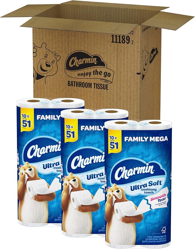Charmin Ultra Soft Cushiony Touch Toilet Paper, 30 Family Mega Rolls = 153 Regular Rolls (Packaging May Vary)