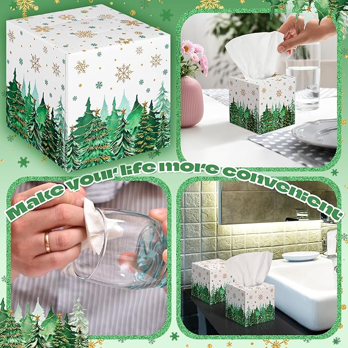 Bencailor 12 Pack Snowflake Facial Tissues Cube Boxes Winter Christmas Tree Square 600 Sheets 3 Ply Small Tissues Cube Boxes for Home Car Accessories(Green,Christmas Tree)