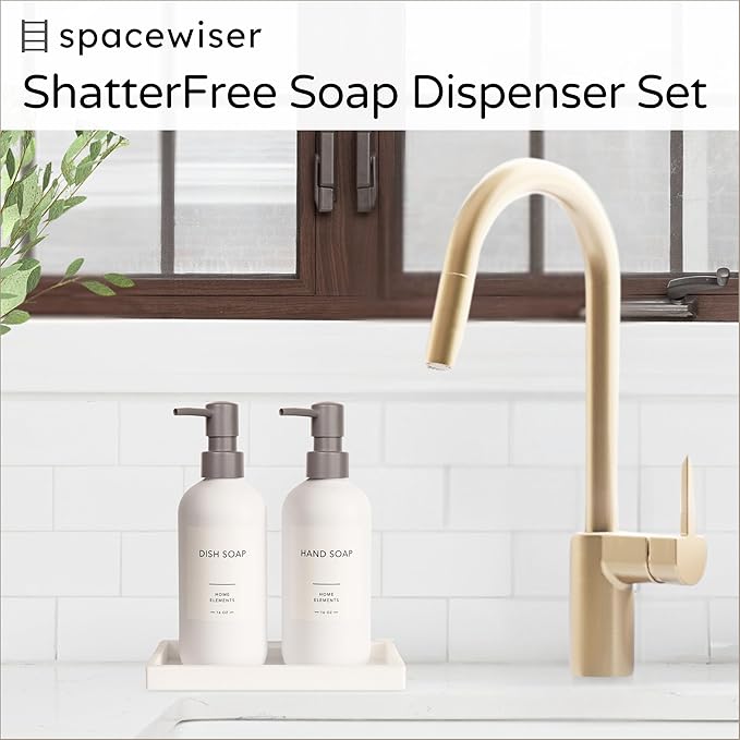 Plastic Soap Dispenser Set - PET Plastic Dish Soap Dispenser for Kitchen, Hand Soap Lotion Bottles with Pump Dispenser for Bathroom, Includes 8 Waterproof Labels, 16 oz, White Silicone Tray