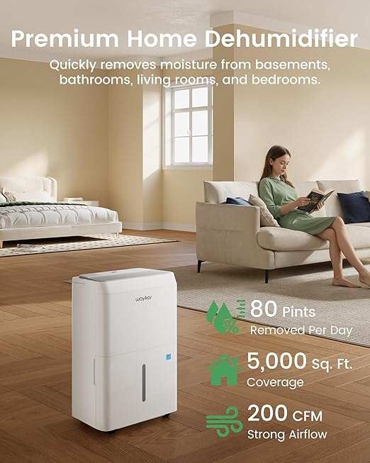 Waykar 5000 Sq.Ft 2025 Energy Star Dehumidifier for Home, Basement, Bedroom, Bathroom, Max 80 Pint/D(Standard 63 Pint/D) with Drain Hose&Water Tank, Ultra Quiet(40 dB), Intelligent Humidity Adjustment