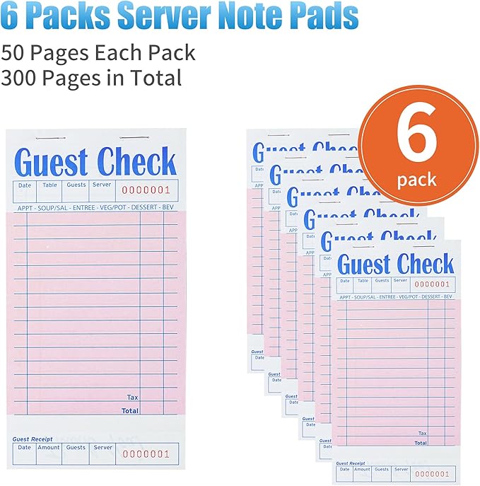6 Pack Pink Guest Checks Books for Servers Server Note Pads, Waiter Checkbook, Waitress Notepad for Restaurants, Paper Checks 50 Sheets/Pack, 300 Total Tickets