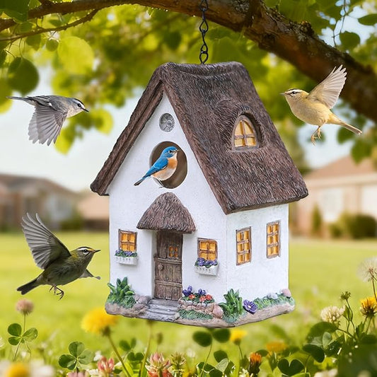 Rustic Cottage Birdhouse with Thatch Roof – Hand-Painted Resin Outdoor Bird House for Small Birds, Weatherproof Garden Decor for Backyard or Patio