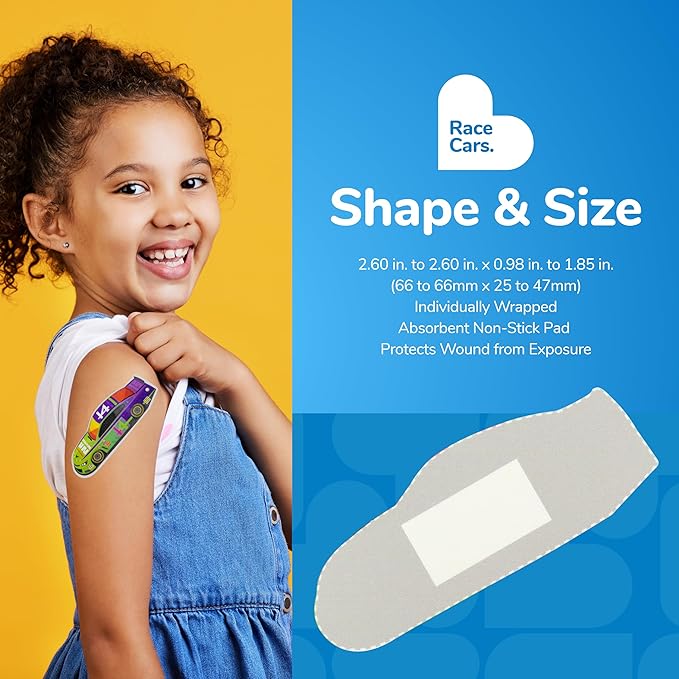 BioSwiss Kids Bandages, Race Cars Shaped Self Adhesive Bandage Set, Latex Free, Sterile Wound Care, 24 Count
