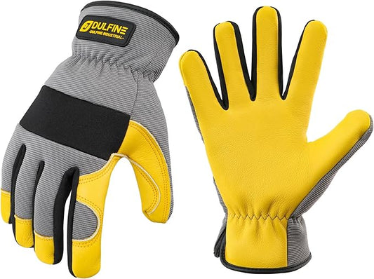 DULFINE Cow Leather Palm Mechanic Work Gloves for Men & Women,Flexible Breathable Fit-Padded Knuckles,Ideal for Construction Yardworks DIY