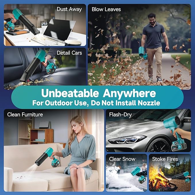 Cordless Leaf Blower, Premium Handheld Leaf Blower + 3 Nozzles and 2 Batteries with Level Indicator, Stepless Speed Control, Blowers for Lawn Care, Patio Cleaning and Dust