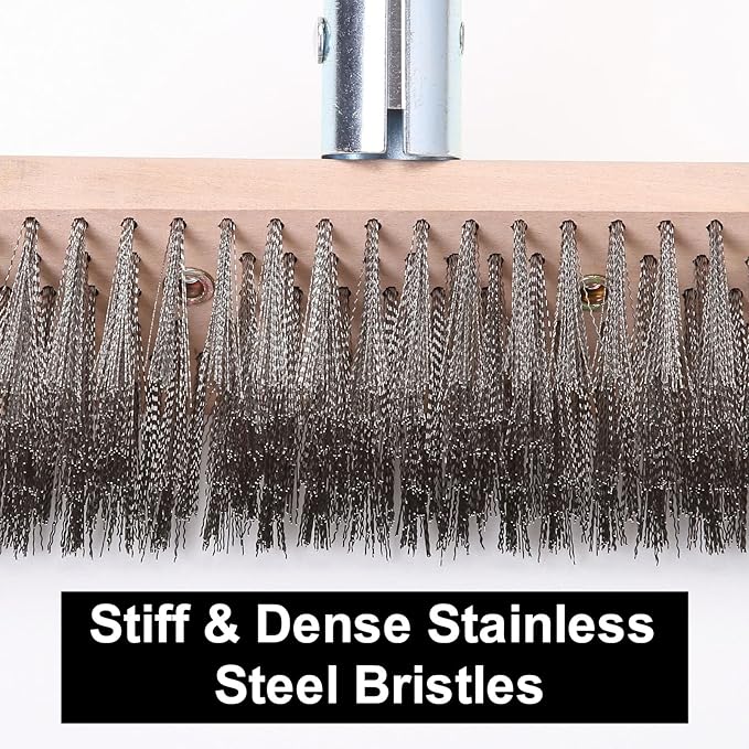MAXMAN Stainless Steel Floor Scrubber Scrub Brush with Long Handle, Deck Brush, 63" Heavy Duty Outdoor Push Broom, Moss Remover, Wire Scratch Brush for Scrubbing Concrete, Patio, Garage, 2 Brush Head