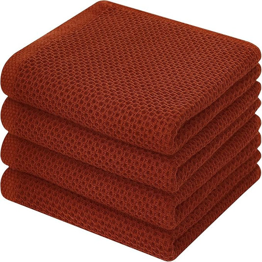 Kitinjoy 100% Cotton Waffle Weave Kitchen Towels, 4-Pack Super Soft and Absorbent Dish Towels for Drying Dishes, Kitchen Hand Towels, 13 in x 28 in, Rust