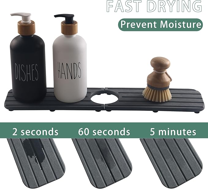 ZumenDa 17inch x 4inch Kitchen Sink Faucet Mat, Water Absorbing Stone Faucet Splash Guard for Bathroom Counter, Quick Drying Diatomite Tray for Kitchen Sink, Dark Gray