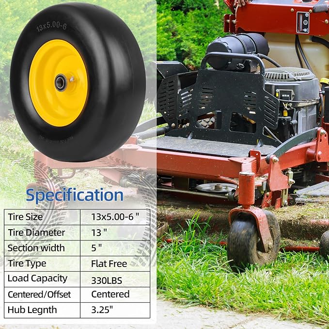 13x5.00-6 Flat Free Lawn Mower Tire and Wheel, Smooth Tread Tire for Lawnmower, Bearing Bore Hole 3/4" & 5/8, 3.25"-5.9" Centered Hub, 2 PCS