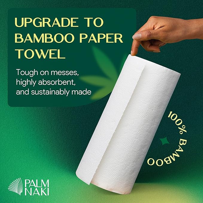 100% Bamboo Paper Towels | Lint-Free, Eco-Friendly, Tree-Free | 2-Ply Kitchen Paper Towel | Food Grade – FSC-Certified, BPA/PFAS-Free | 6 Rolls (450 Sheets) | PALM NAKI