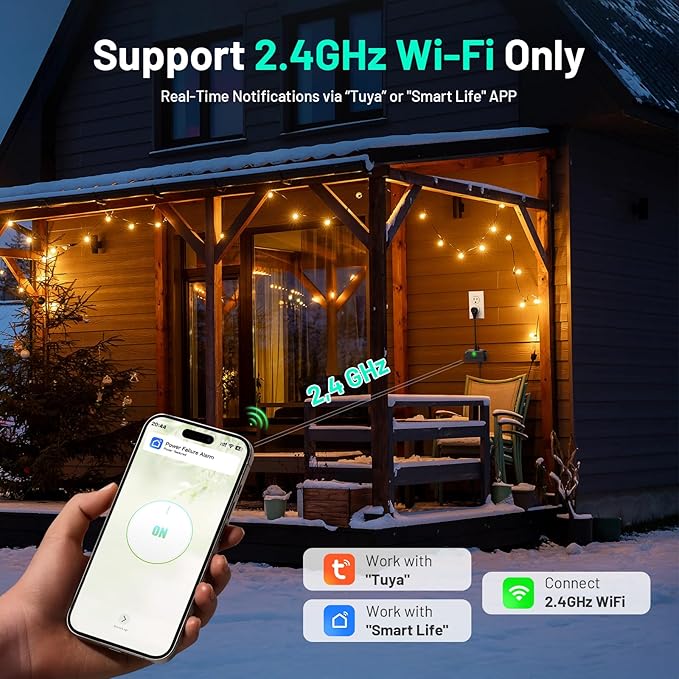 WiFi Power Failure Alarm Outdoor, Power Outlet Alarm with SmartLife App Alert for Indoor & Outdoor, 110dB Power Outage Detector for Freezer, Sump Pump, Auto Drip Irrigation, Greenhouse, Pond Pump