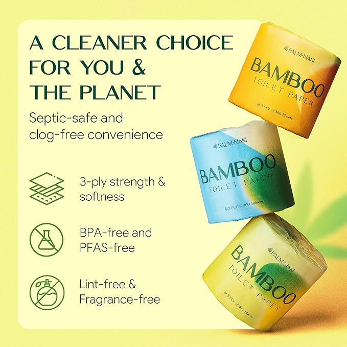 Premium Bamboo Toilet Paper | 3-Ply – Strong & Absorbent | Tree-Free, FSC Certified, BPA/PFAS-Free | Septic-Safe, Lint-Free | 18 Rolls (300 Sheets/Roll) | PALM NAKI