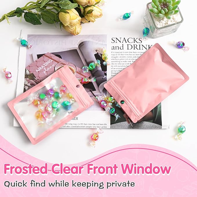 FUNFERY 100 Pack Mylar Resealable Bags Foil Packaging Bags with Clear Window,Zipper Pouch Smell Proof Bag for Food Storage,Cookies,Sample,Small Business(Pink,5.5x7.9inch)