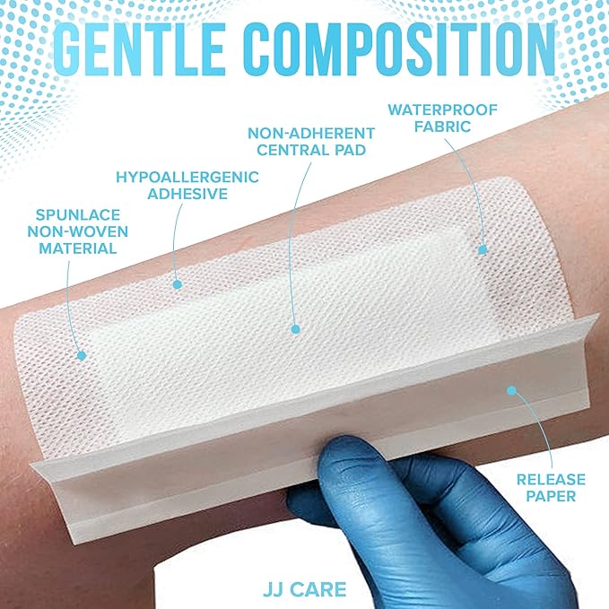 JJ CARE Waterproof Adhesive Island Dressing [Pack of 25], 4" x 10" Sterile Bordered Gauze, Breathable Island Wound Dressing, Individually Wrapped Adhesive Gauze Bandages with Non-Stick Central Pad