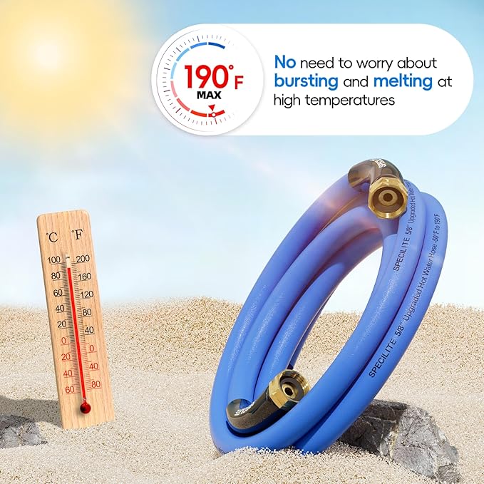 SPECILITE Female to Female Hot/Cold Garden Water Hose 5 ft x 5/8 Inch for Hose Reel, -50℉To 190℉, Heavy Duty, Flexible, Burst 605 Psi, Rubber Extension Pipe with 3/4" Brass Fittings