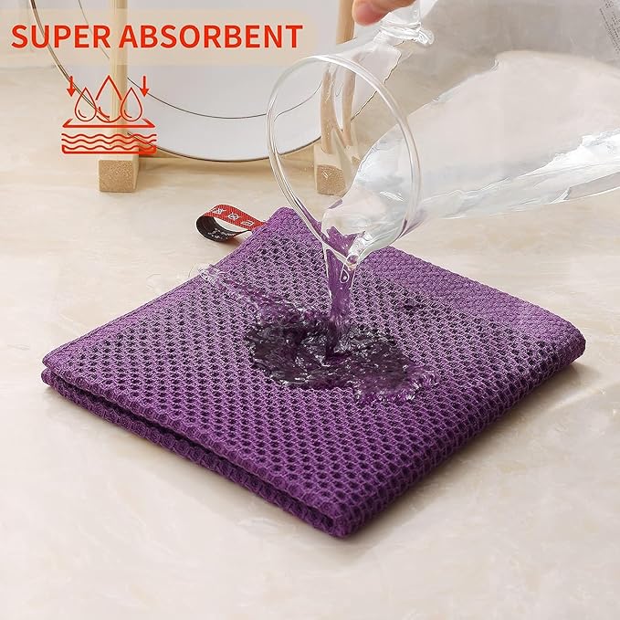 Kitinjoy 100% Cotton Kitchen Dish Cloths, 8 Pack Waffle Weave Ultra Soft Absorbent Dish Towels for Drying Dishes Quick Drying Kitchen Towels Dish Rags, 12 X 12 Inches, Violet