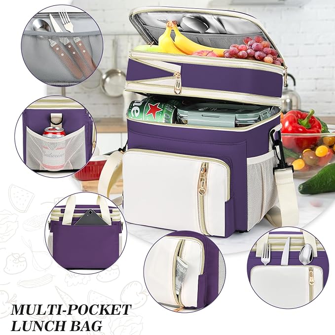 LOKASS Expandable Lunch Box for Women | Adult Lunchbag Cooler Tote Bag with Adjustable Shoulder Strap | Insulated Reusable Womens Lunch Bags for Work Camping Beach | 16L, Purple