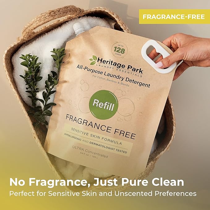 Heritage Park All-Purpose Fragrance Free, Hypoallergenic, pH-Neutral Laundry Detergent - Dermatologist-tested, Sensitive Skin-Friendly, Stain-Fighting Enzymes, 3x Concentrated (64 fl oz Refill Pouch)