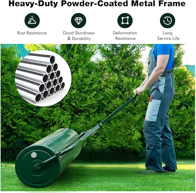 Goplus Lawn Roller, Push/Tow-Behind Lawn Roller, 30 Gallon/113L Water Sand Filled Sod Roller Drum Roller with Detachable Gripping Handle, Yard Roller Pull Behind a Tractor for Garden Yard Park Farm