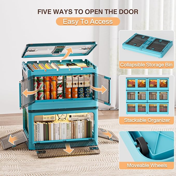 148QT Large Storage Bins with Lids, 36.9 Gal Plastic Stackable Storage Bins with Doors & Wheels, 5-Open Ways Collapsible Storage Bins for Closet Organizers and Storage-Room Office Livingroom Dorm