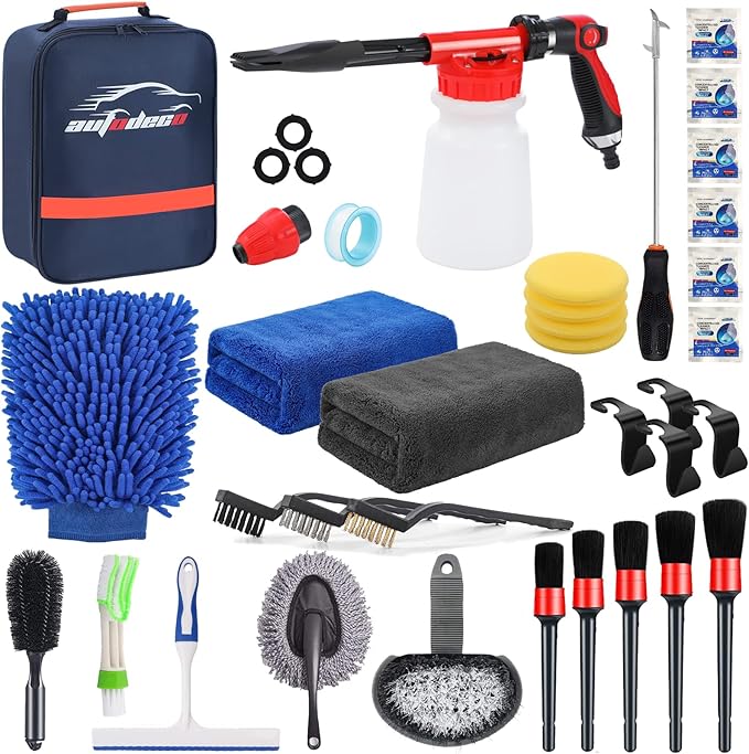 AUTODECO 33Pcs Car Wash Detailing Kit Cleaning Kits with Foam Gun Sprayer Brush Large Wash Mitt Towels Complete Interior Exterior Car Washing Supply Set Blue