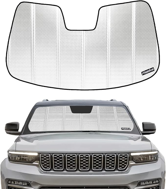 B Pigenius Windshield Sun Shade for Jeep Grand Cherokee 2022-2025. Reflective Aluminum Film Front Window Sunshade - BLAZBLOCK