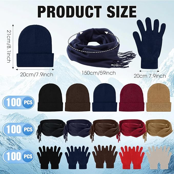 Unittype 300 Pcs Winter Beanies Gloves Scarf Set Bulk 100 Knit Skull Cap 100 Pair Winter Gloves 100 Neck Warmer for Men Women