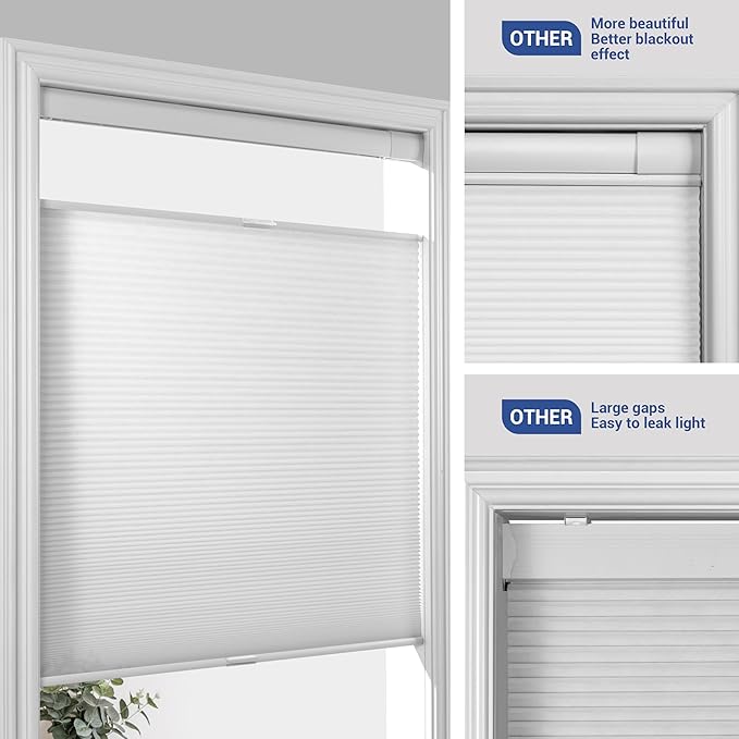 No Drill No Tools Cellular Shades Top Down Bottom Up Blackout Blinds for Windows Cordless Honeycomb Window Shades Easy to Install for Home, Light Filtering-White, 27" W x 64" H