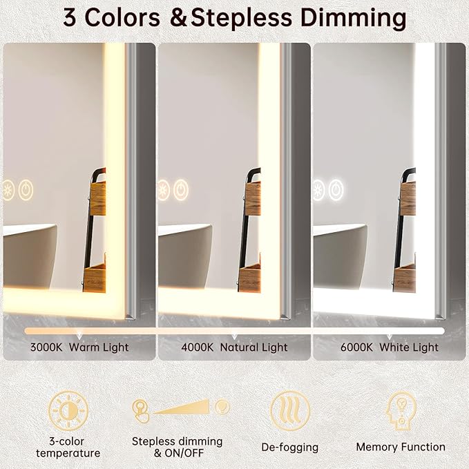 40"x32" Medicine Cabinet Mirror, LED Lighted Medicine Cabinet with Electrical Outlet＆USB, Anti-Fog, 3 Colors Temperature Stepless Dimmable, Aluminum Cabinet for Storage and Mordern Decor