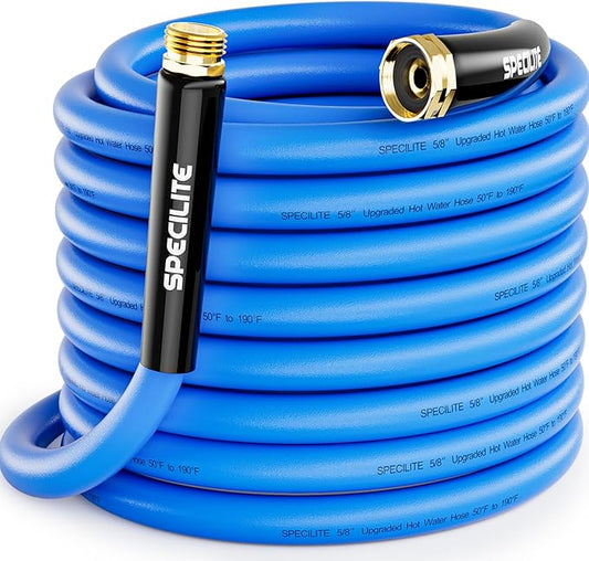 SPECILITE Hot/Cold Garden Water Hose 75 ftx 5/8 in, -50℉ To 190℉, Heavy Duty, Flexible, Burst 605 Psi, Lightweigh, Upgraded Rubber Pipe with 3/4" Brass Fittings For Backyard, Outdoor, Farm, Blue