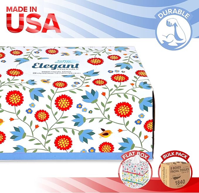 Premium Bulk Tissues, 4 Tissue Boxes of 230 Count, 2-Ply Soft Facial Tissues for Offices or School, Made in the USA, 920 Total Count Bulk Face & Nose Tissue Paper for Home or Professional Use
