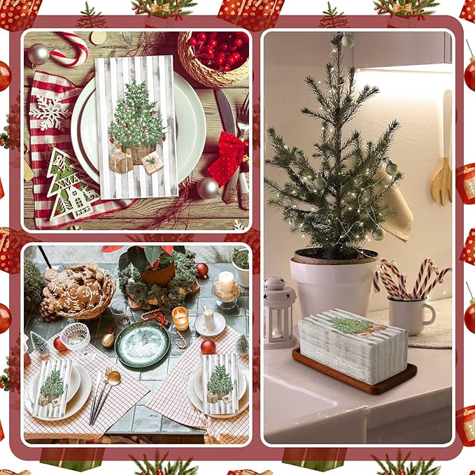Jetec 200 Pieces Christmas Napkins Christmas Tree Disposable Guests Paper Napkins Winter Stripes Disposable Hand Towels for Bathroom Christmas Decorative for Xmas Dinner Wedding Birthday Party