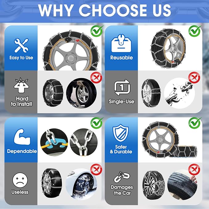 Auto-Fixing Snow Chains, 30s Quick Fit Easy Installation Tire-Chains, Portable Reusable High Carbon Steel Anti Slip Tire Chain for Passenger Car, Pickup Trucks and SUV - Set of 2