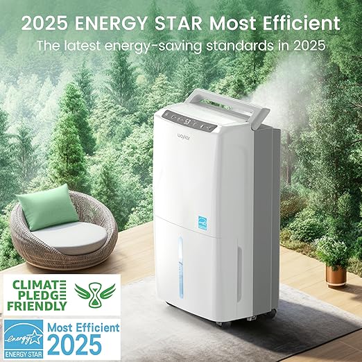 Waykar 34 Pints 2025 Most Efficient Energy Star Dehumidifier for up to 2200 Sq. Ft. for Home and Basement with Auto or Manual Drainage, Quiet 33dB Operation, 0.6 Gal Tank