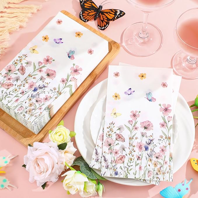 Jetec 200 Pcs Floral Disposable Hand Towels for Bathroom Spring Floral Guest Napkins 2 Ply Flowers Bathroom Guest Towel Napkins Spring Disposable Guests for Birthday Holiday Tea Dinner Party