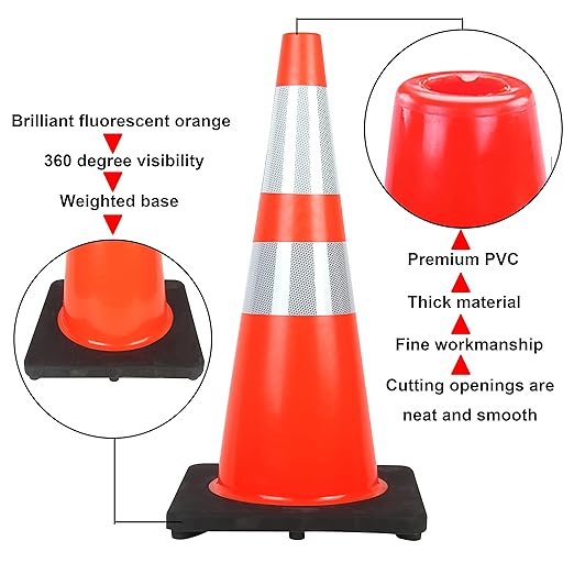 Reliancer 24PCS 28" Traffic Cones PVC Safety Road Parking Cones with Black Weighted Base w/6"&4" Reflective Collars Fluorescent Orange Hazard Cones Construction Cones for Traffic or Home Improvement