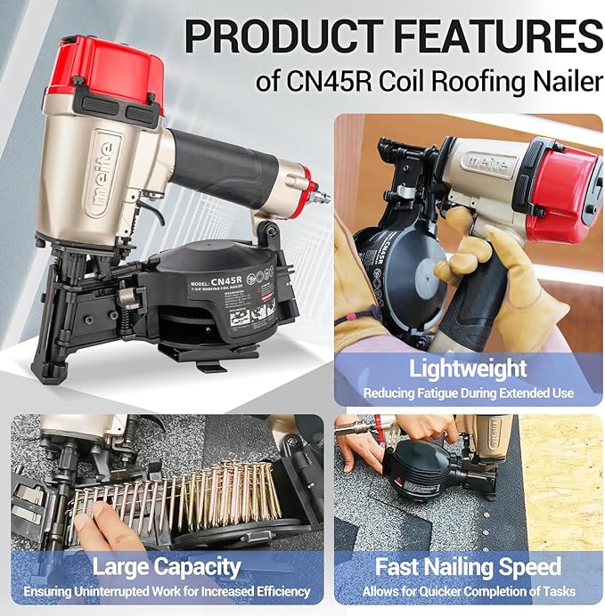 meite CN45R Roofing Nailer 15 Degree Professional Heavy Duty Pneumatic Coil Roofing Nail Gun, Tool-free Depth Dial & Dual Firing Modes for Asphalt Shingles Fencing, Accepts 7/8" to 1-3/4" Coil Nails