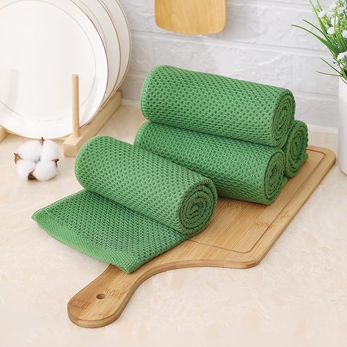 Kitinjoy 100% Cotton Waffle Weave Kitchen Towels, 4-Pack Super Soft and Absorbent Dish Towels for Drying Dishes, Kitchen Hand Towels, 13 in x 28 in, Grass Green